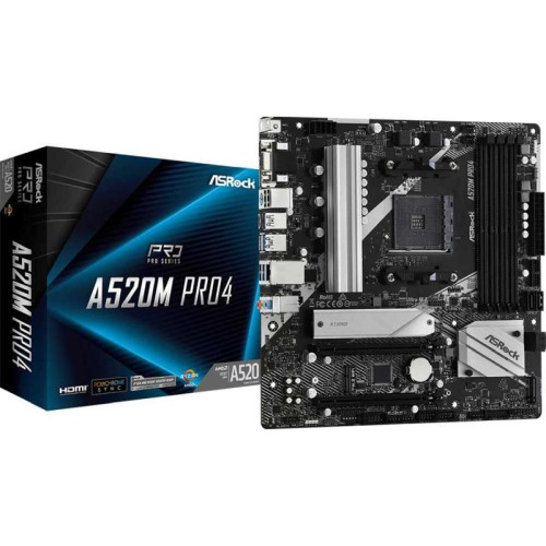 Материнская плата Asrock A520M PRO4 Soc-AM4 AMD A520 4xDDR4 mATX AC`97 8ch(7.1) GbLAN RAID+VGA+HDMI+DP [A520M PRO4]