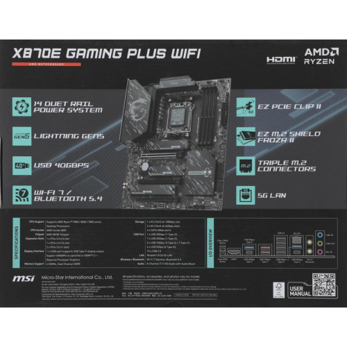 Материнская плата MSI X870E GAMING PLUS WIFI X870E, AM5, 4*DDR5, 3*PCIEx16, 1*PCIEx1, 3*M.2, 2*TypeC, 2*USB3.2Gen2, 6*USB3.2Gen1, 10*USB2.0, 4*SATA3.0, 5G, 1*Type-C(DP), HDMI, ATX, RTL