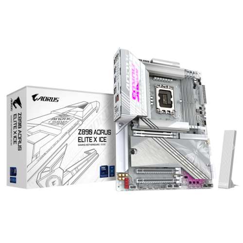 Материнская плата Z890 AORUS ELITE X ICE, Socket 1851, Intel®Z890, 4xDDR5-6400, 3xPCI-Ex16, 4xSATA3(RAID 0/1/5/10), 5xM.2, 8Ch Audio, 1x2.5GbLan, WiFi, (4+4)xUSB2.0, (6+2)xUSB3.2, (1+1)xUSB Type-C™, ATX, RTL