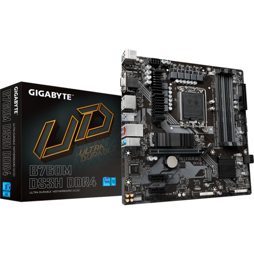 Материнская плата MB GIGABYTE INTEL B760 s1700, 4xDDR4(128GB), D-SUB/HDMI 2.0/2xDP, 1xPCIe 4.0x16, 2xPCIe 3.0, 1xLAN (2.5GbE), 4xSATA 6Gb/s, 2xM.2, 1xUSB-C, 3xUSB 3.2, 2xUSB 2.0, mATX