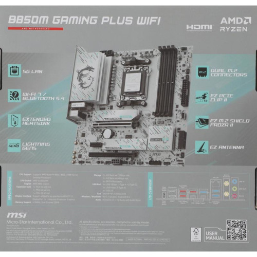 Материнская плата MSI B850M GAMING PLUS WIFI SocketAM5 AMD B850 4xDDR5 mATX AC`97 8ch(7.1) 5Gigabit RAID+HDMI+DP