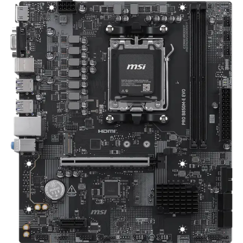 Материнская плата MSI PRO B850M-E EVO B850, AM5, 2*DDR5, 1*PCIEx16, 1*PCIEx1, 1*M.2, 6*USB3.2Gen1, 6*USB2.0, 4*SATA3.0, 2.5G, VGA, HDMI, M-ATX, RTL