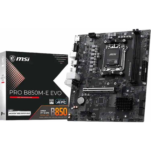 Материнская плата MSI PRO B850M-E EVO B850, AM5, 2*DDR5, 1*PCIEx16, 1*PCIEx1, 1*M.2, 6*USB3.2Gen1, 6*USB2.0, 4*SATA3.0, 2.5G, VGA, HDMI, M-ATX, RTL