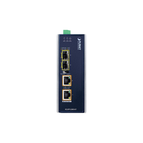 медиа конвертер/ PLANET IGUP-2205AT Industrial 2-Port 100/1000X SFP to 2-Port 10/100/1000T 802.3bt PoE++ Media Converter (802.3bt Type-4, PoH, Legacy mode support, -40 to 75 C, dual 12V~56V DC power boost, PoE Usage LED)