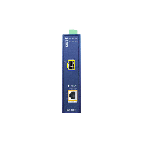 медиа конвертер/ PLANET IGUP-805AT Industrial 1-Port 100/1000X SFP to 1-Port 10/100/1000T 802.3bt PoE++ Media Converter (802.3bt Type-4, PoH, Legacy, Force mode support, -40 to 75 C, dual 12V~56V DC power boost, PoE Usage LED)