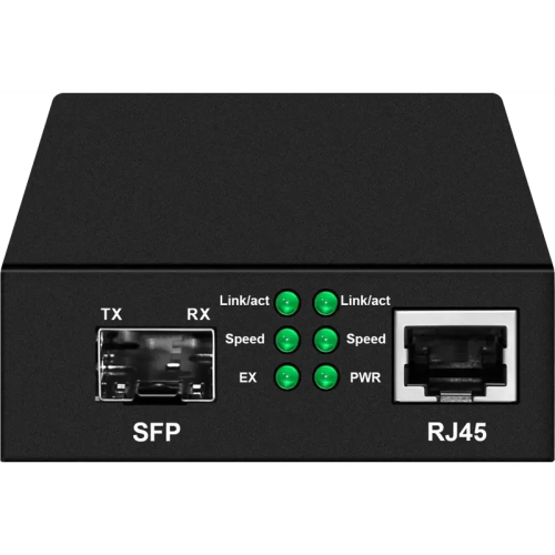 Медиаконвертер Gigabit Ethernet, SFP 1000Мбит/c, RJ45 10/100/1000Мбит/c, поддержка LFP. Металлический корпус. БП DC12V(1A) в комплекте. Размеры (ШхВхГ): 70x25x95мм. Вес: 0,2кг. Рабочая температура: -10…+55°С. Совместим с шасси NS-MCB-14.