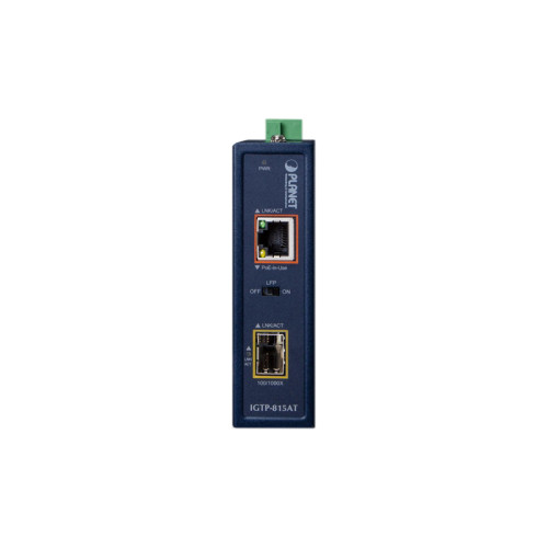 медиа конвертер/ PLANET IGTP-815AT IP30 Compact size Industrial 100/1000BASE-X SFP to 10/100/1000BASE-T 802.3at PoE+ Media Converter (-40 to 75 C)