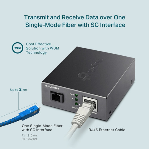 Медиаконвертер/ Gigabit WDM media converter, 9/125µm Single-mode Fiber, 1 SC Fiber port, 1 100/1000Mbps RJ-45 port, wave length 1310nm/1550nm, transmission distance up to 2Km, 5V/0.4A DC power input