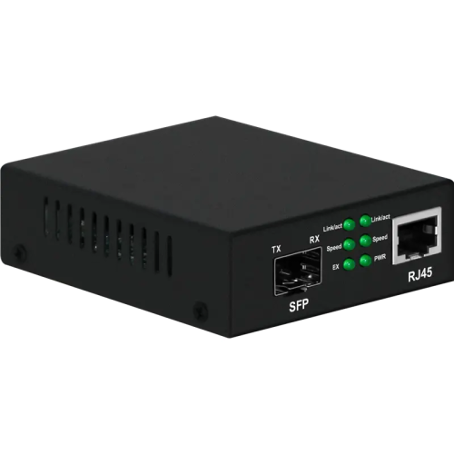 Медиаконвертер Gigabit Ethernet, SFP 1000Мбит/c, RJ45 10/100/1000Мбит/c, поддержка LFP. Металлический корпус. БП DC12V(1A) в комплекте. Размеры (ШхВхГ): 70x25x95мм. Вес: 0,2кг. Рабочая температура: -10…+55°С. Совместим с шасси NS-MCB-14.