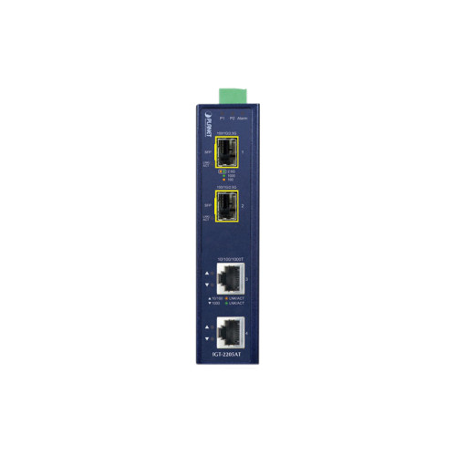 медиа конвертер/ PLANET IGT-2205AT IP30 Industrial 2-port 10/100/1000T to 2-port 100/1000/2500X SFP Media Converter(-40 to 75 degree C, dual 12~48V DC/24V AC, Fiber ports Switch/Redundant mode DIP switch)