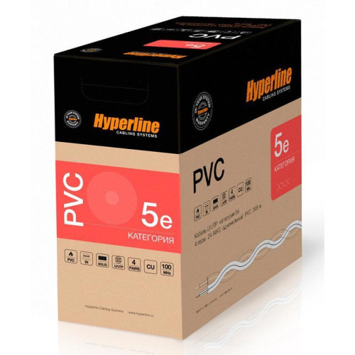 Кабель информационный Hyperline UUTP4-C5E-S24-IN-PVC-GY-305 кат.5E UTP 4 пары 24AWG PVC внутренний 305м серый