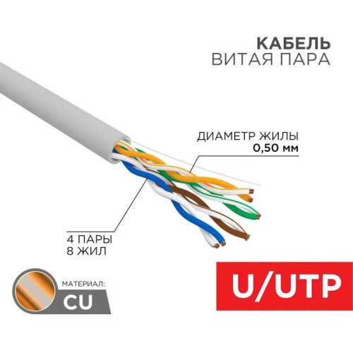 Кабель информационный Rexant 01-0041-R кат.5E U/UTP 4 пары 24AWG PVC внутренний 305м серый