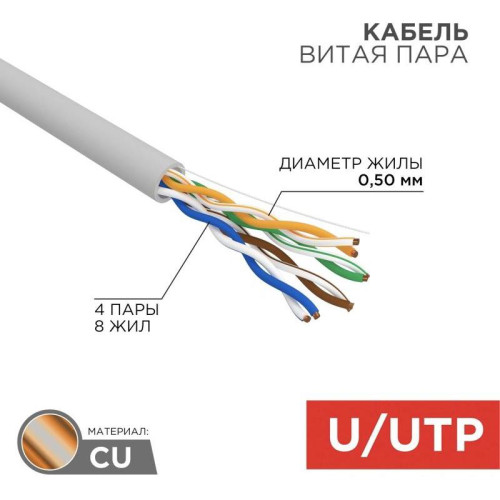 Кабель информационный Rexant 01-0041-R кат.5E U/UTP 4 пары 24AWG PVC внутренний 305м серый