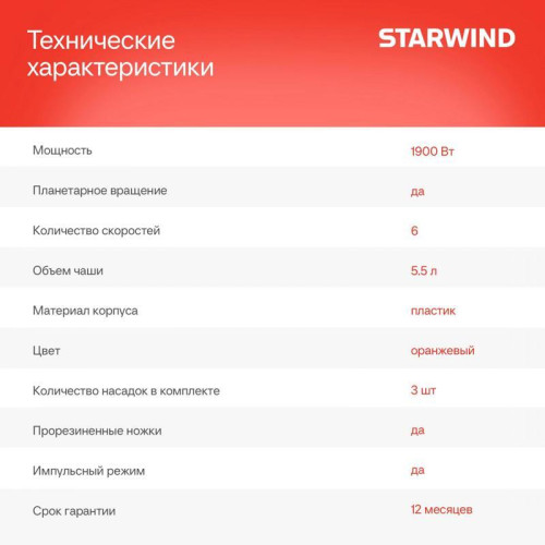 Миксер планетарный Starwind SPM7160 1900Вт оранжевый