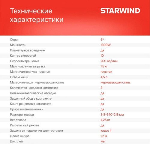 Миксер планетарный Starwind SPM6162 1300Вт лавандовый