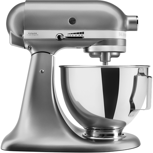 Настольный миксер KitchenAid, планетарное смешивание, 10 скоростей, объем чаши 4.3 л, откидной блок, цвет серебристый