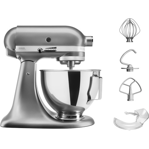 Настольный миксер KitchenAid, планетарное смешивание, 10 скоростей, объем чаши 4.3 л, откидной блок, цвет серебристый
