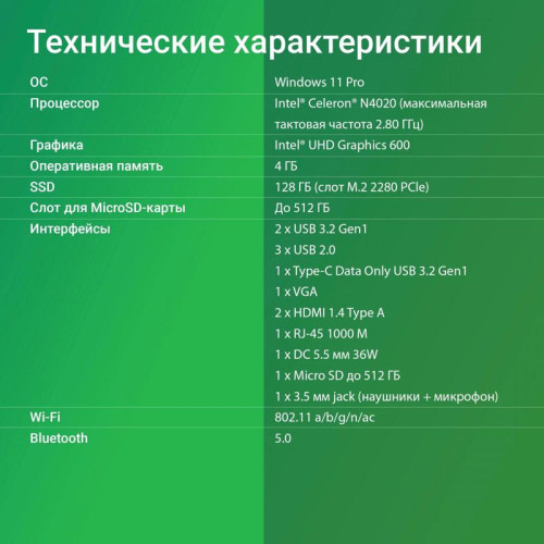 Неттоп Digma Mini Office Cel N4020 (1.1) 4Gb SSD128Gb UHDG 600 CR Windows 11 Professional GbitEth WiFi BT 36W черный (DPCN-4BXW01)