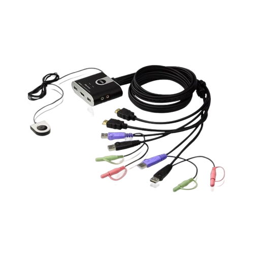 2-портовый KVM-переключатель со встроенными  KVM кабелями (1,2м), 1 user(HDMI(Female)+2xAudio(Female)+2xUSB(Тип А Female), KVM-порты:(HDMI(Male)+2xAudio(Male)+2xUSB(Тип A Male). Поддержка до (1920 x 1200) 1080p. Звук 2.1/ PETITE 2 PORT USB2.0 HDMI KVM SWI