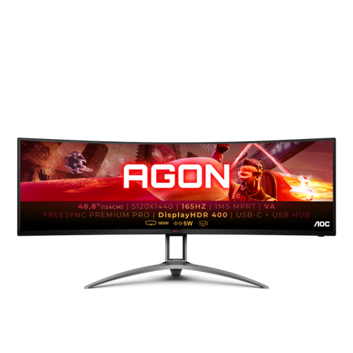 AOC AG493UCX2 49'', Curved, 5120x1440, VA, 165hz, 80M:1, 400cd, 1ms, 3xHDMI 2.0, DP 1.4, 3xUSB 3.2, Type-C 65W, Speakers, H. adj 100mm, 3Y, Black
