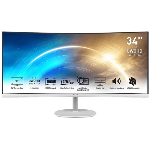 Монитор/ MSI PRO MP341CQW 34'', 3440x1440, VA, 178x178, 300nit, 100Hz, 4ms, 2HDMI/DP, noUSB-A, Audio out, T, IntPWR, 100x100VESA, White, 1y
