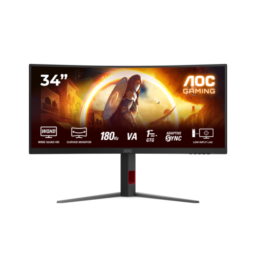 AOC CU34G4 34'', Curved, 3440x1440, VA, 180hz, 80M:1, 300cd, 0.5ms, 2xHDMI 2.0, DP 1.4, H. adj 130mm, pivot, VESA, 3Y, Black/redIPS, 75Hz, 20M:1, 250cd, 4ms, HDMI 1.4, DisplayPort 1.2, VESA, 3Y, White/Silver