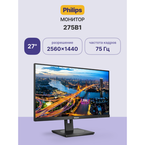 Монитор Philips 275B1 27'', 2560x1440, IPS, 75hz, 50M:1, 350cd, 4ms, DVI, HDMI 1.4, DP 1.2, 4xUSB 3.2, Speakers, H. adj 150mm, pivot, VESA, 3Y, Black/ Philips 275B1 27'', 2560x1440, IPS, 75hz, 50M:1, 350cd, 4ms, DVI, HDMI 1.4, DP 1.2, 4xUSB 3.2, Speakers,