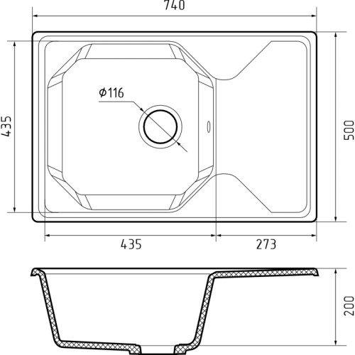 U-740L frost 1-чаша+крыло 740*500 мм, монтаж: врезной, материал: мрамор, цвет: иней