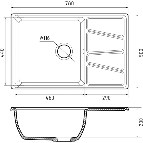 V-780L graphite 1-чаша+крыло 780*500 мм, монтаж: врезной, материал: мрамор, цвет: графит