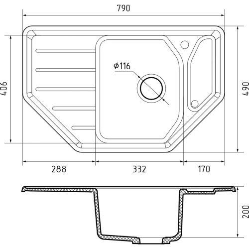 C-800E gray 1-чаша+крыло 790*490 мм, монтаж: врезной, материал: мрамор, цвет: серый