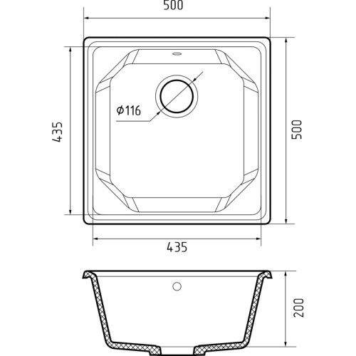 U-500 black 1 чаша 435*435*200, монтаж: врезной, материал: мрамор, цвет черный