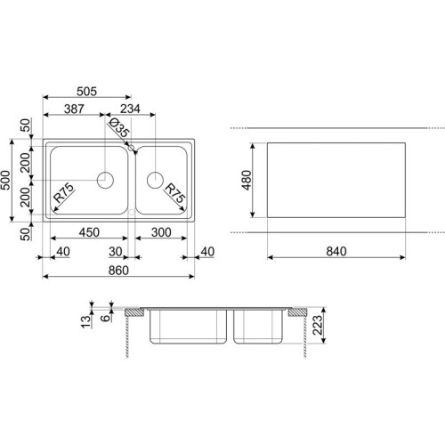 Мойка Smeg/ Мойка Smeg, сварная, из нержавеющей стали, серия Alba, ультранизкий профиль, 2 отверстия для смесителя, толщина рамки 0.7 мм, толщина чаши 0.7 мм