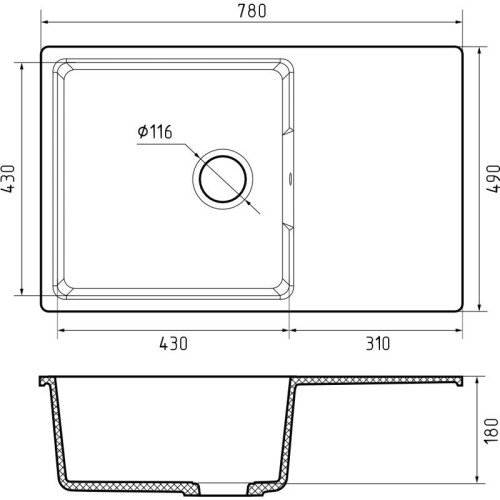 URBAN 678L sandy 1-чаша+крыло 780*490мм, монтаж: врезной, материал: кварц, цвет: песочный
