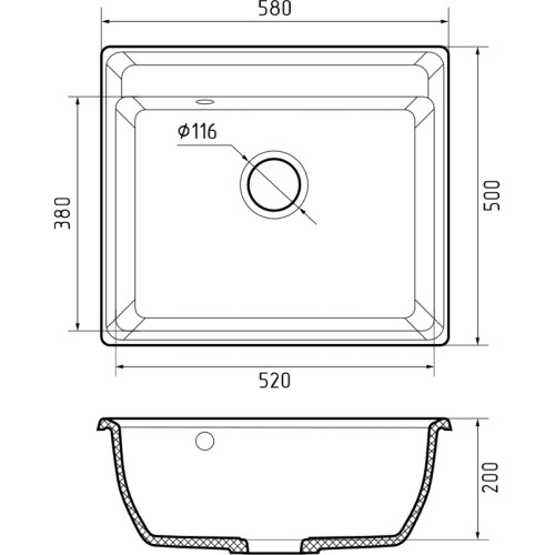 V-580 gray 1 чаша 520*380*200, монтаж: врезной, материал: мрамор, цвет серый