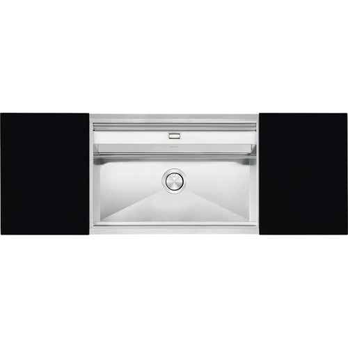 Кухонная мойка SMEG/ Linea, Мойка, Установка с бортиком 8 мм, необорачиваемая. Смеситель для монтажа перед окном в комплекте.Нержавеющая сталь матовая + разделочные доски черное глянцевое стекло