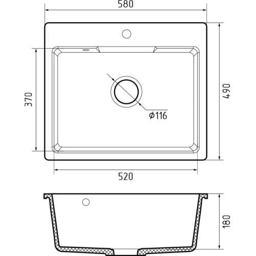 GRANFEST Мойка URBAN 658  1-чаша 580*490мм, монтаж: врезной, материал: кварц, цвет: черный