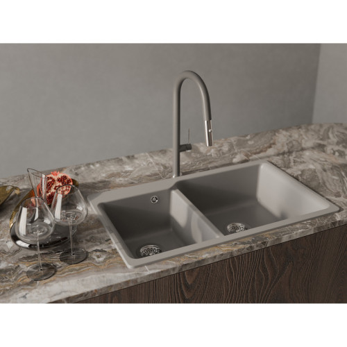 RIVELATO Мойка AXEL 90D  2-чаши 870*520мм, монтаж: врезной, материал: кварц, цвет: серый металлик