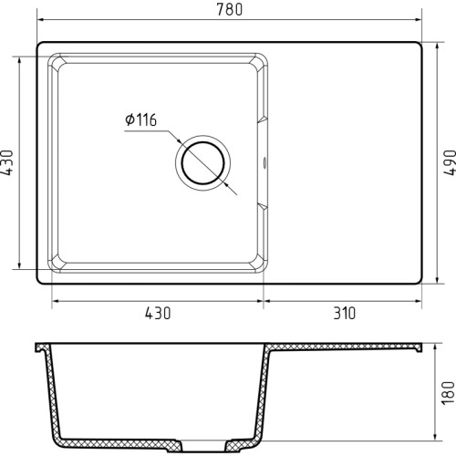 URBAN 678L gray 1-чаша+крыло 780*490мм, монтаж: врезной, материал: кварц, цвет: серый