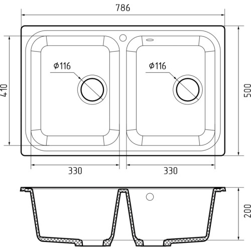 S-780K graphite 2-чаши 786*500 мм, монтаж: врезной, материал: мрамор, цвет графит