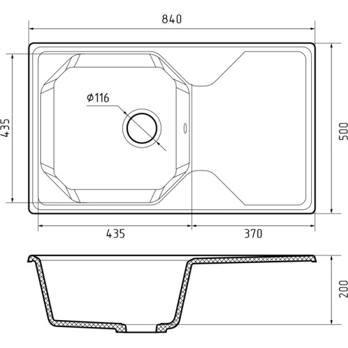 U-840L frost 1-чаша+крыло 840*500 мм, монтаж: врезной, материал: мрамор, цвет: иней