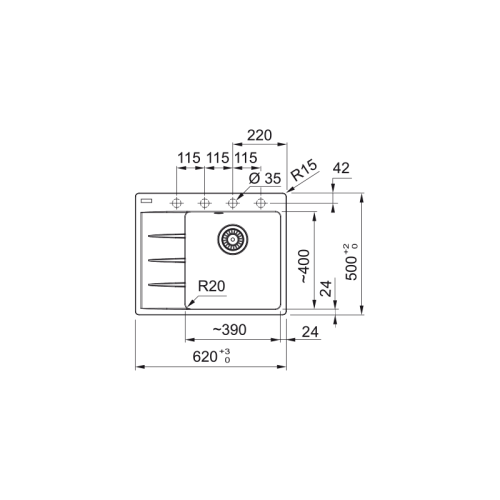 Мойки Franke/ Best, Centro, Мойка CNG 611/211-62 TL, Fragranite+, База 45 см, на столешницу, черный матовый, чаша справа