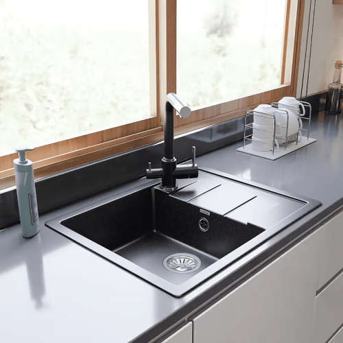 Q-650L black 1-чаша+крыло 650*500 мм, монтаж: врезной, материал: мрамор, цвет: черный