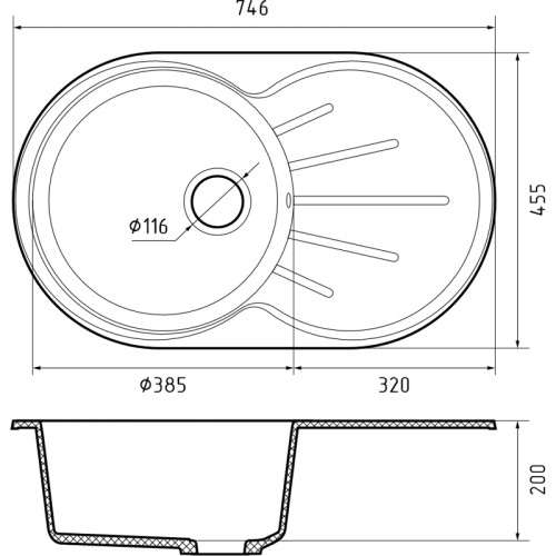 R-750L graphite 1-чаша+крыло 746*455 мм, монтаж: врезной, материал: мрамор, цвет: графит