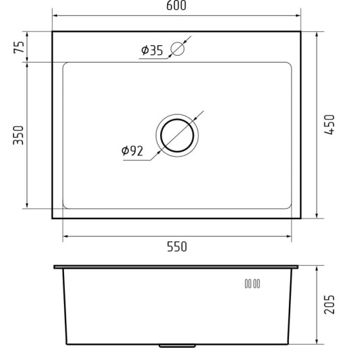 6045 PVD graphite 1 чаша 550*350*205, монтаж: врезной, материал: нержавеющая сталь, цвет: графит