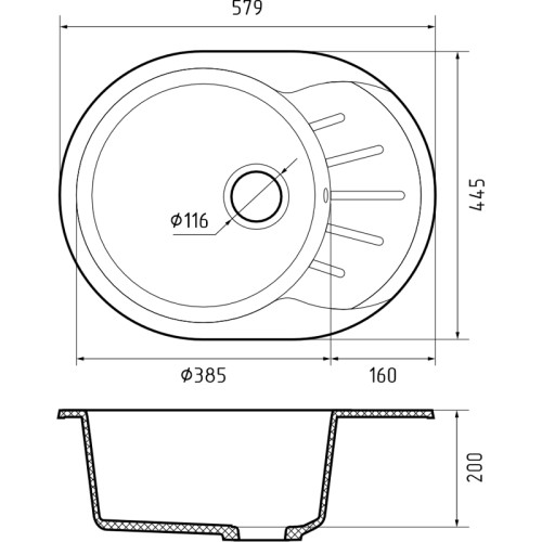 R-580L graphite 1-чаша+крыло 579*445 мм, монтаж: врезной, материал: мрамор, цвет: графит