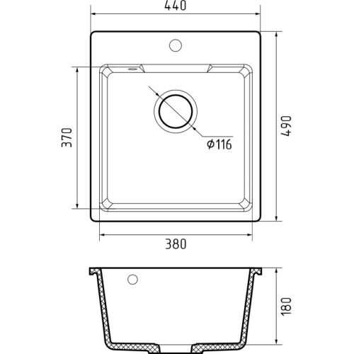 GRANFEST Мойка URBAN 644  1-чаша 440*490мм, монтаж: врезной, материал: кварц, цвет: темно-серый