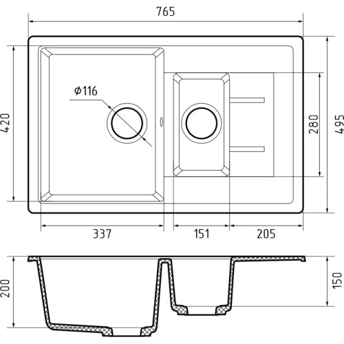 Q-775KL gray 2-чаши+крыло 765*495 мм, монтаж: врезной, материал: мрамор, цвет серый