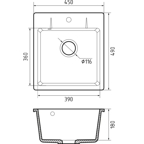 GRANFEST Мойка URBAN 245  1-чаша 450*490мм, монтаж: врезной, материал: кварц, цвет: черный