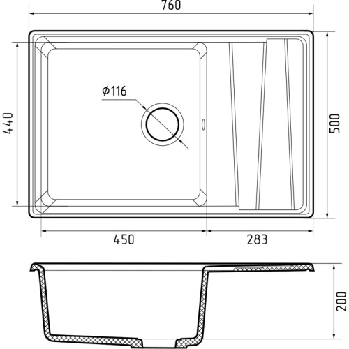 LV-760L graphite 1-чаша+крыло 760*500 мм, монтаж: врезной, материал: мрамор, цвет: графит
