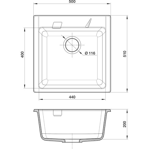 RIVELATO Мойка RAUM 50  1-чаша 500*510мм, монтаж: врезной, материал: кварц, цвет: черный